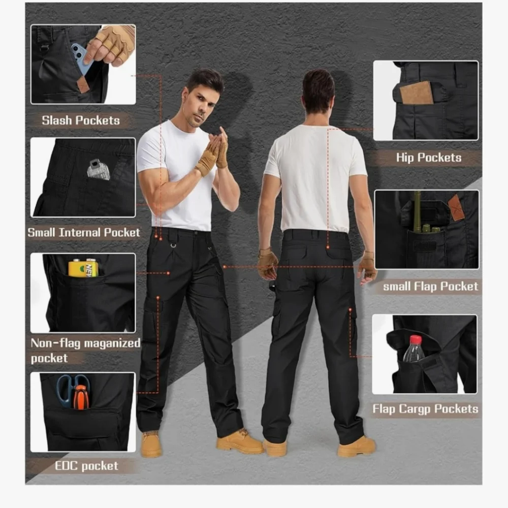 IGOLUMON Men's Stretch Tactical Pants, Breathable Ripstop 38W x 30L, Black - Picture 3 of 8